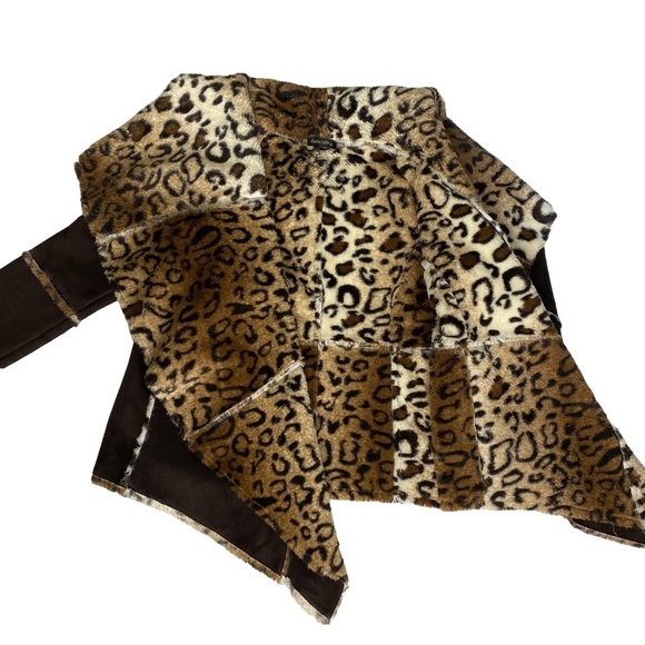 DOLCE CABO Leopard Print Brown Faux Fur Mobwife Waterfall Open Jacket S EUC - Picture 9 of 16